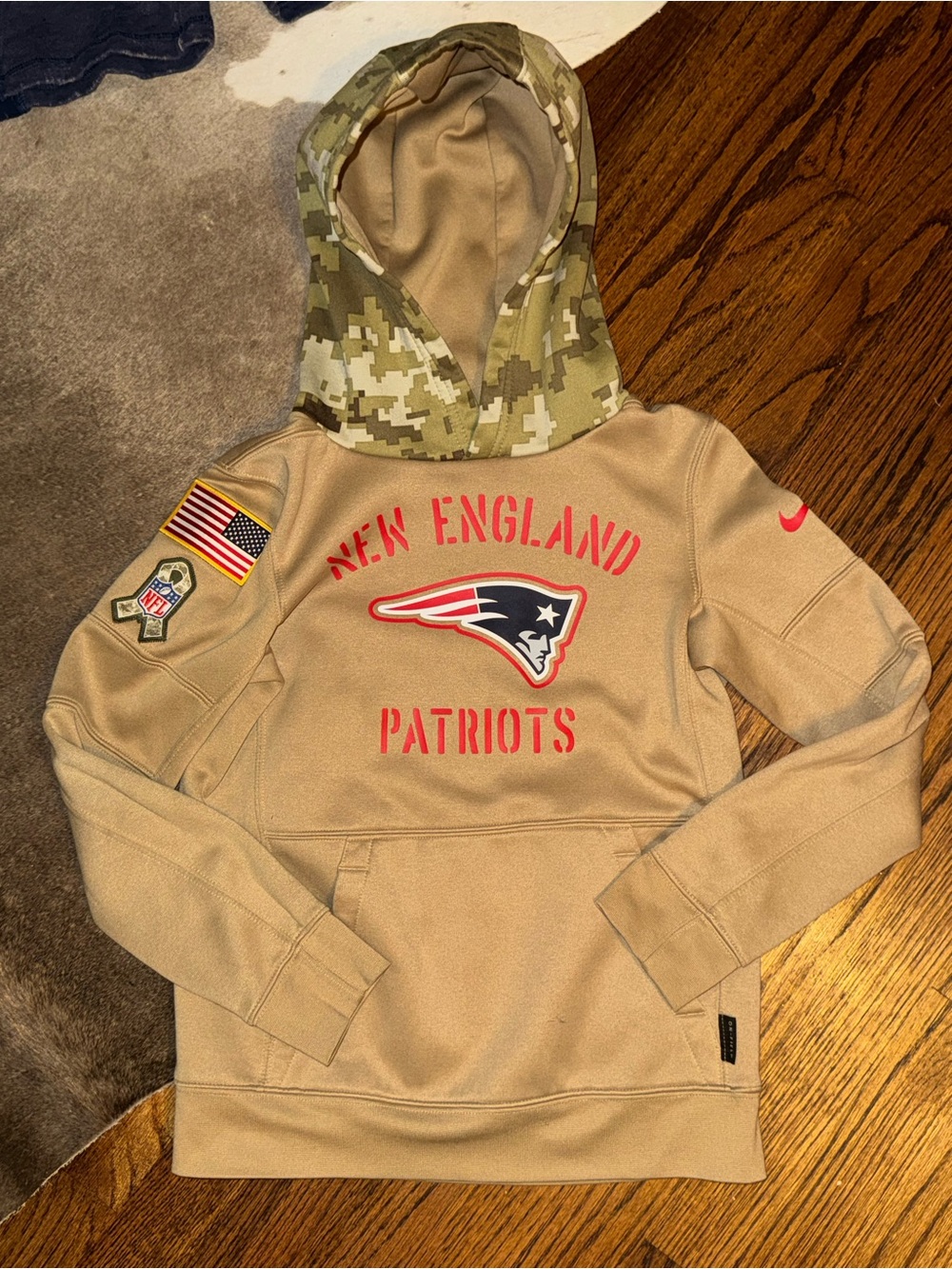 Nike Tan New England Patriots Kids Hoodie with Camo Hood